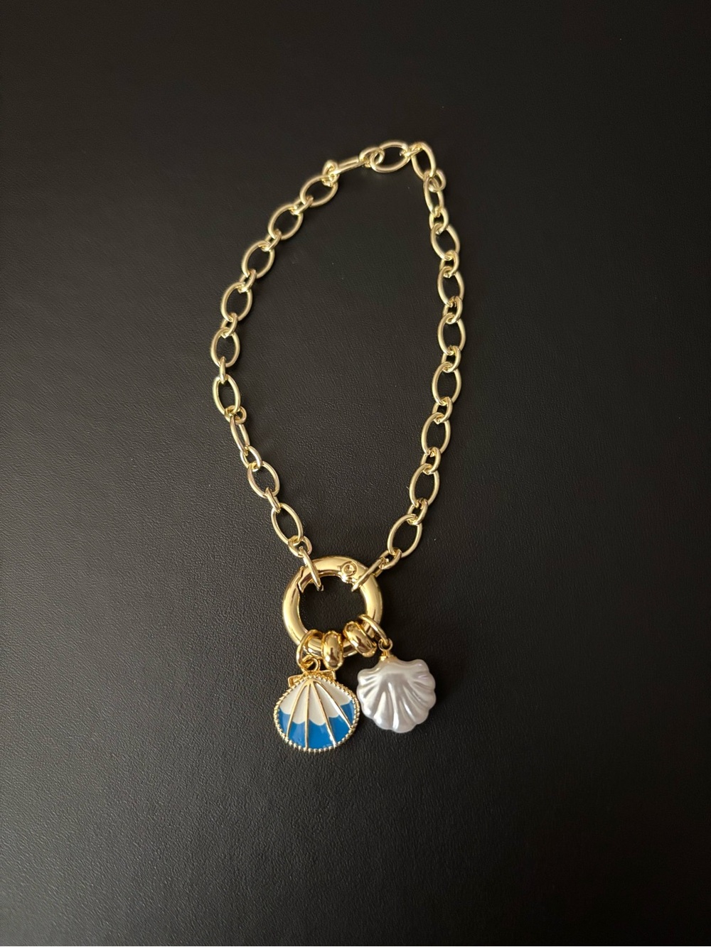Gold Plated Charm Bracelet with Blue Enamel Shell and White Faux Pearl Charms